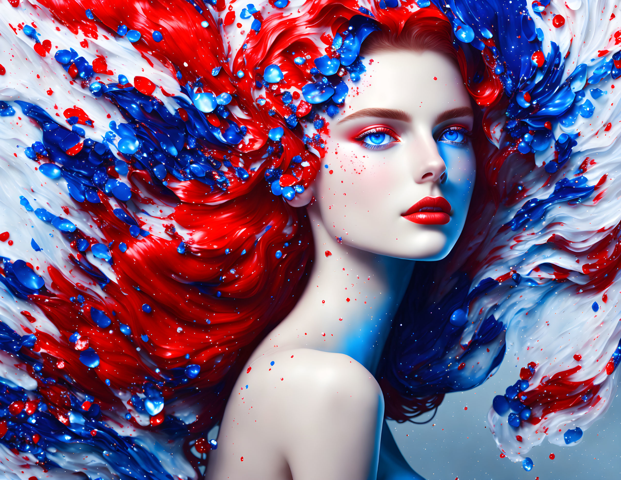 Vibrant digital artwork: Woman with red and blue flowing hair and bold red lips