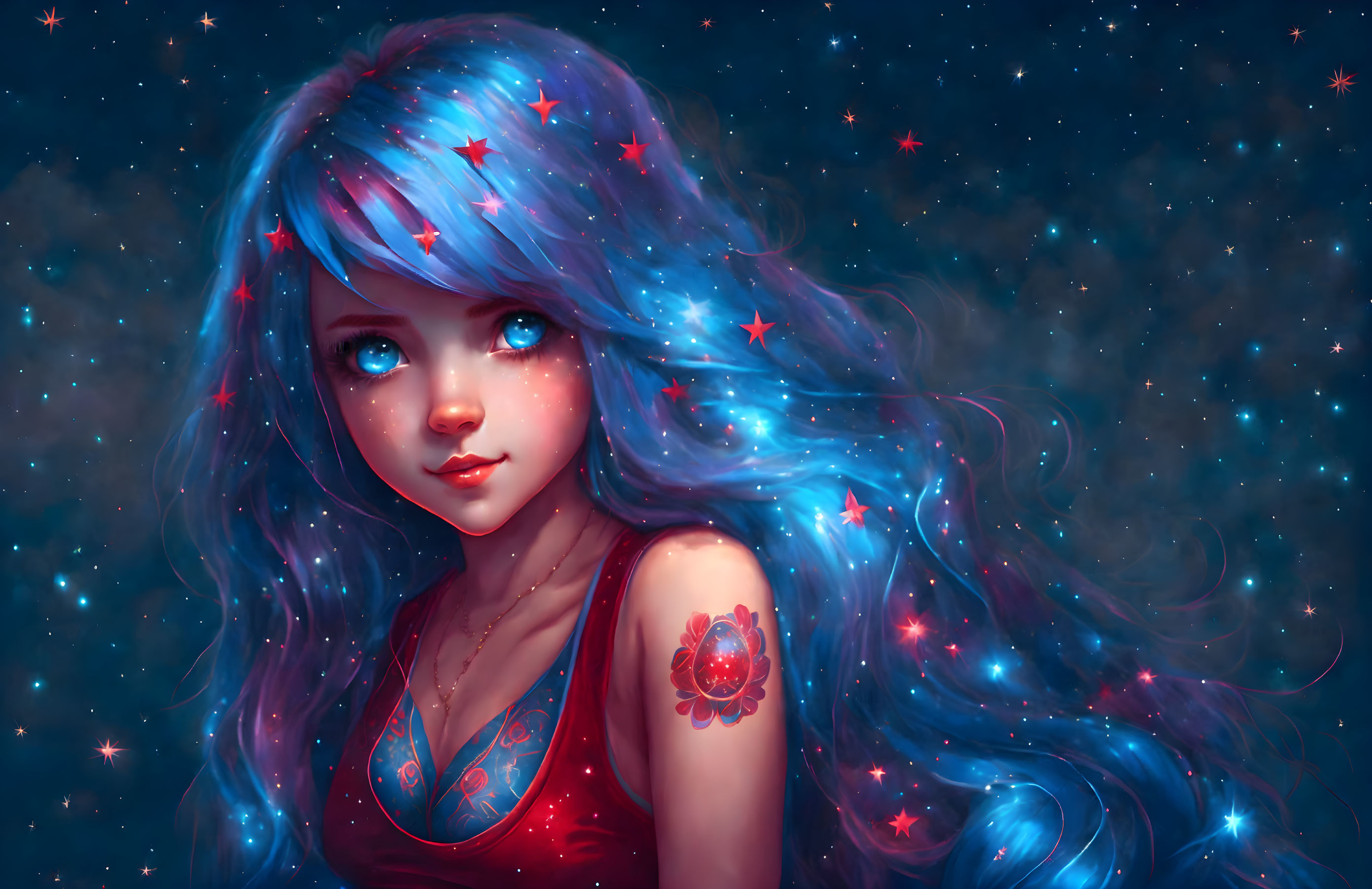 Digital artwork: Girl with starry blue hair and eyes in cosmic setting with red floral tattoo