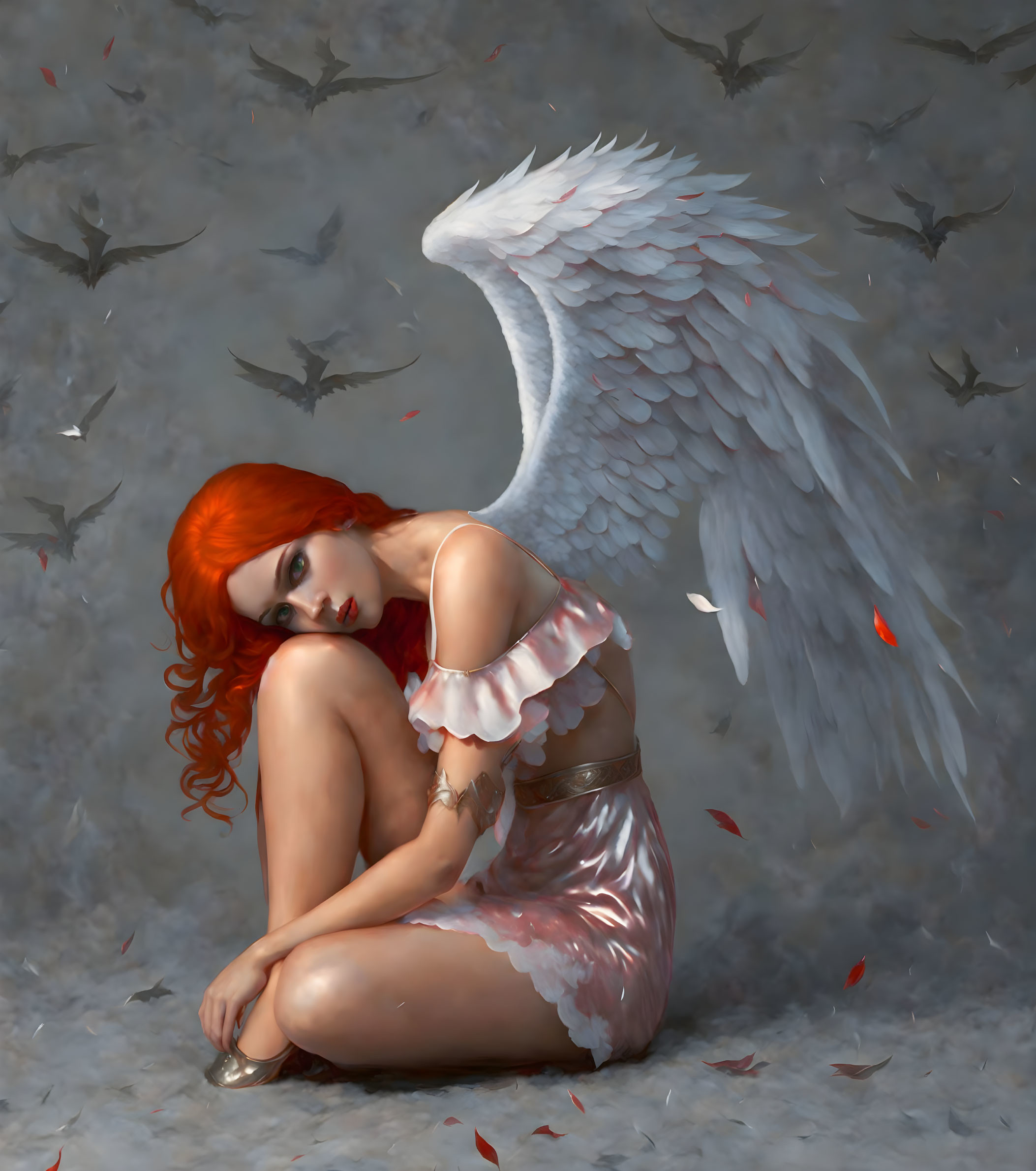 Red-haired woman with white wing amidst falling feathers and faint bat images