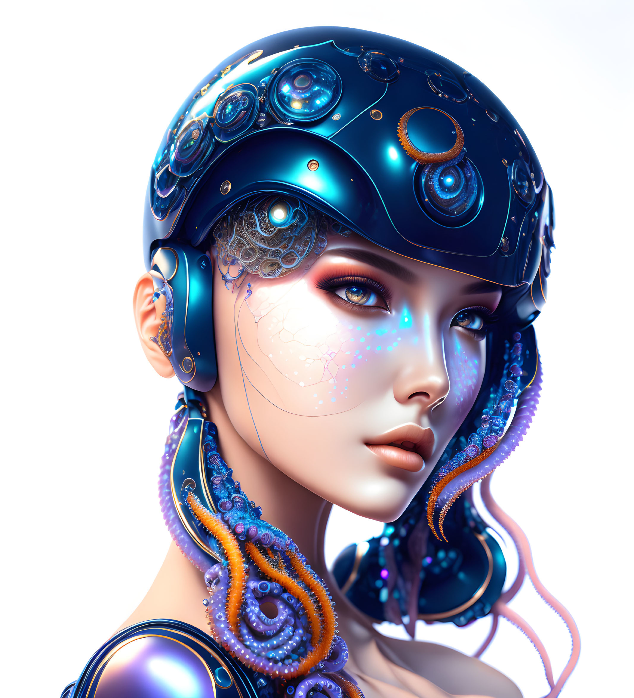 Futuristic female portrait with ornate cybernetic enhancements