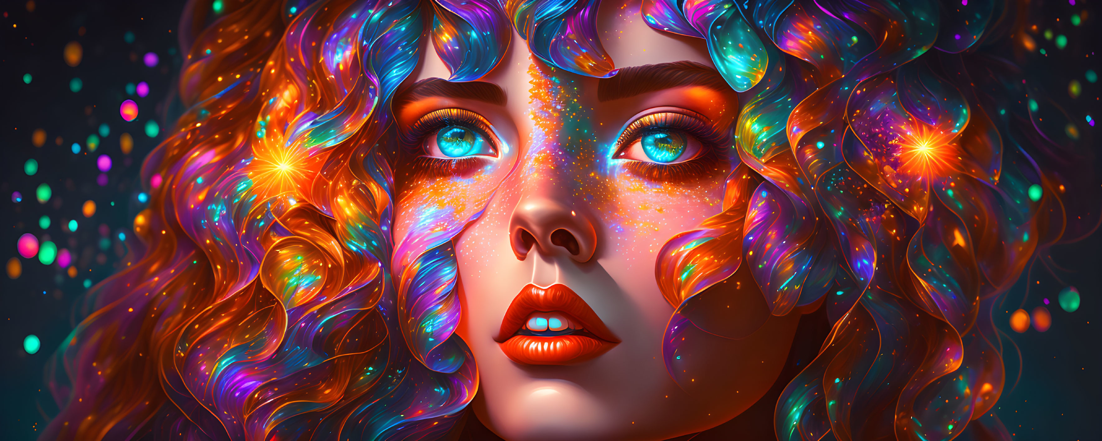 Colorful digital portrait of a woman with luminous curly hair and blue eyes, adorned with stard