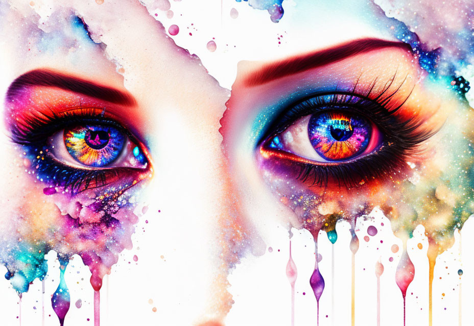 Colorful woman's eyes artwork with cosmic theme and dripping paint effect