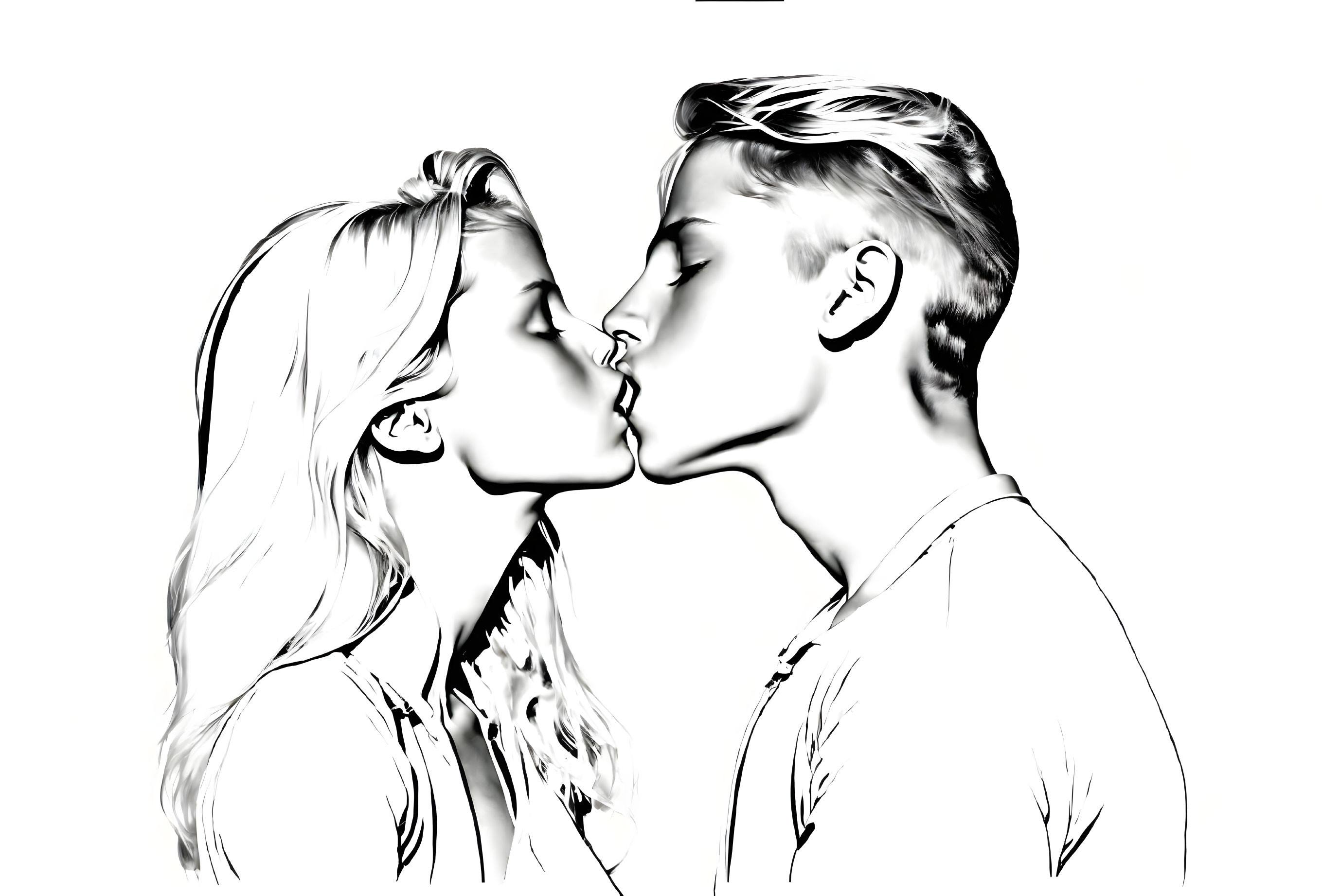 Monochrome high-contrast image of couple kissing on white background