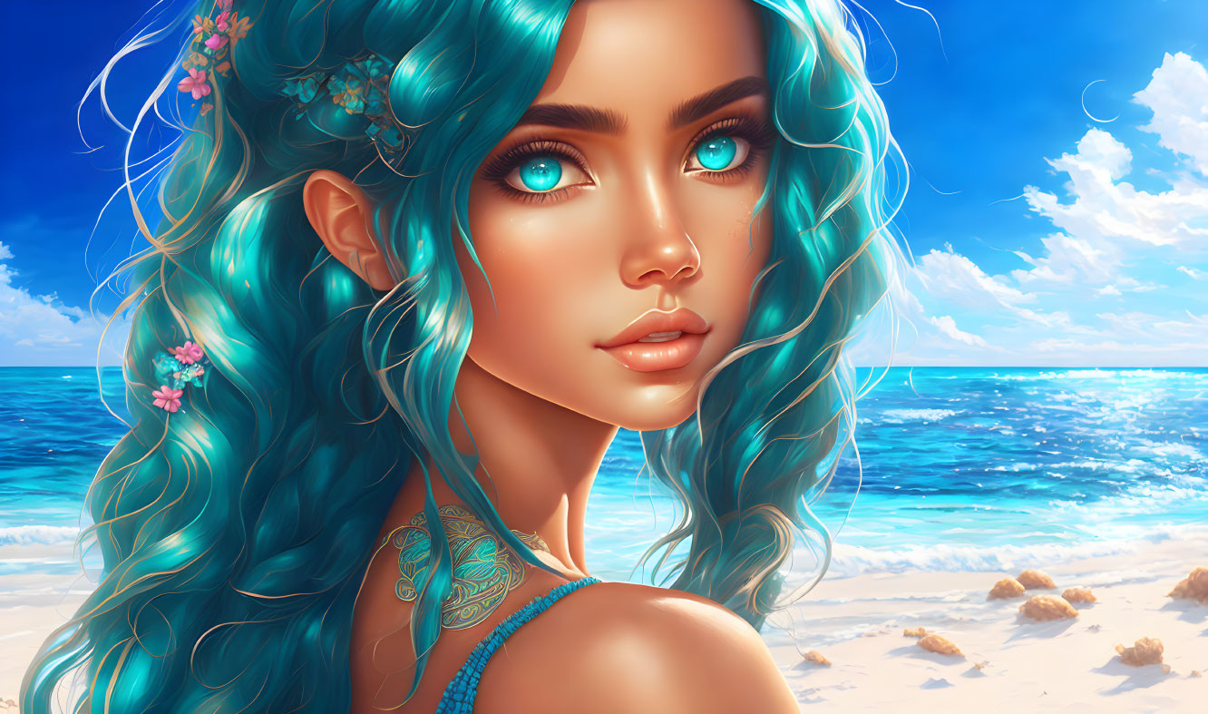 Digital portrait: Woman with blue wavy hair, blue eyes, adorned with flowers, on vibrant beach