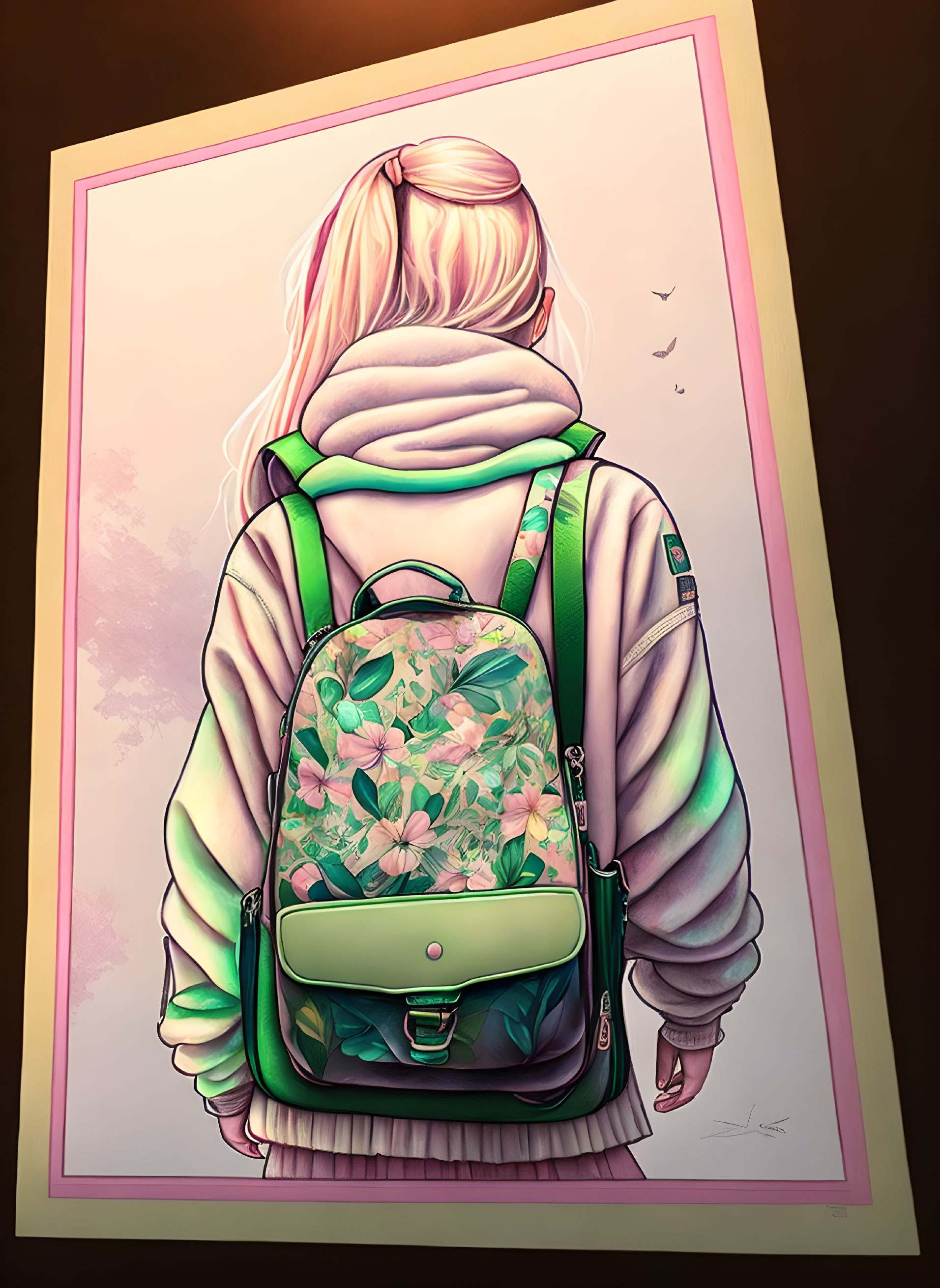 Illustration of woman in hoodie with floral backpack and birds in background