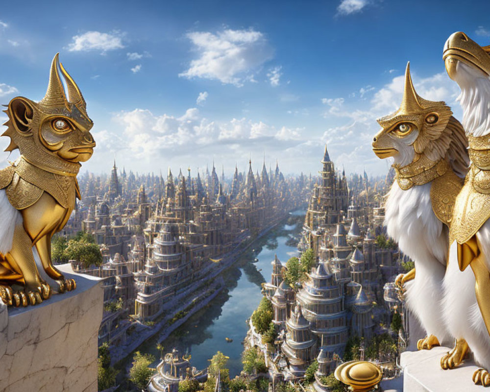 Ornate cityscape with golden sphinx and griffin statues