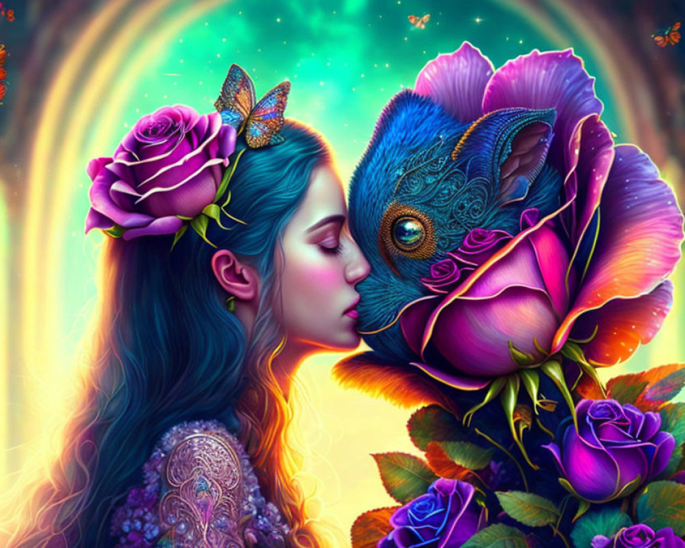 Woman with floral headpiece kissing surreal peacock-rose hybrid creature in colorful aura