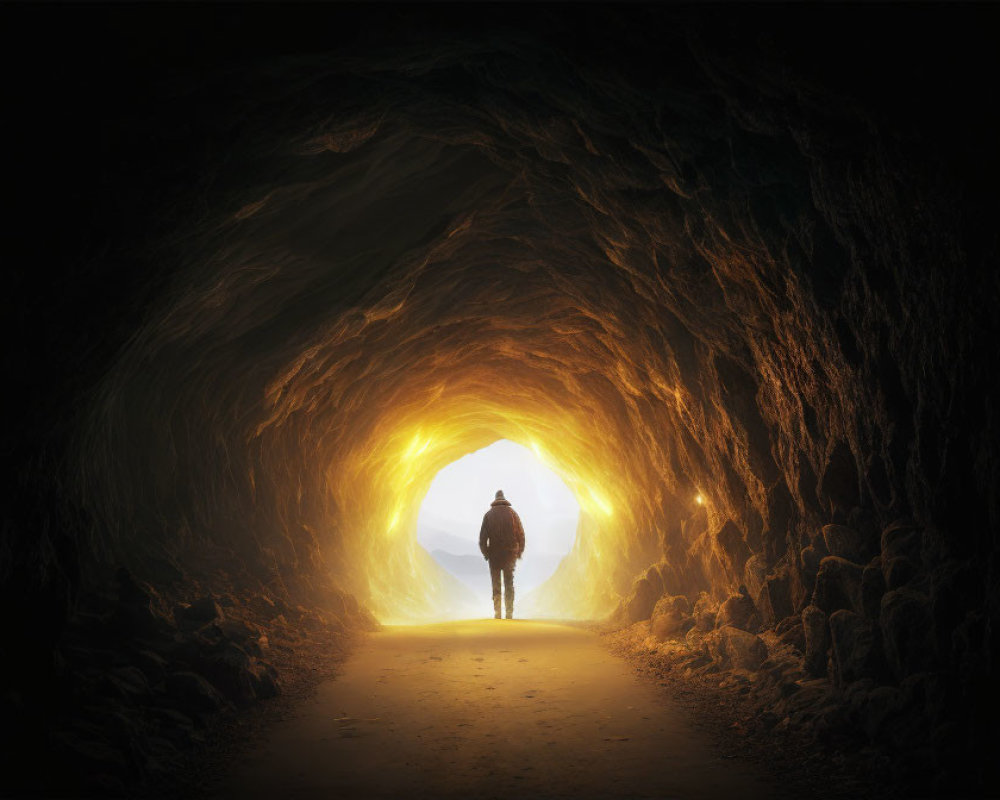 Silhouetted person at entrance of luminous cave tunnel