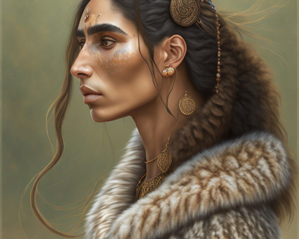 Digital portrait of a woman in tribal jewelry and fur clothing, with an indigenous or fantasy theme.