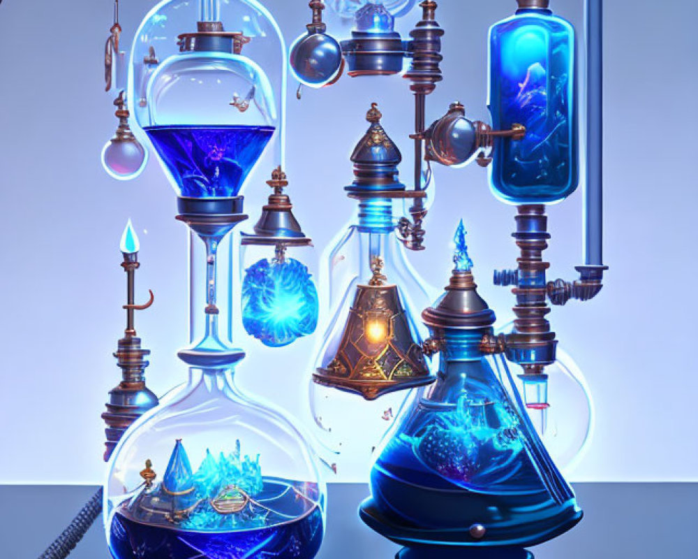 Interconnected Glass Vessels with Glowing Blue Liquid in Alchemy Lab