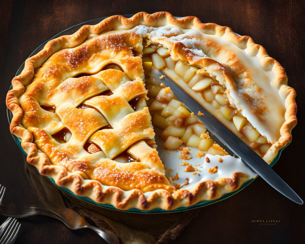 Freshly Baked Pear Pie with Lattice Crust and Knife on Wooden Surface