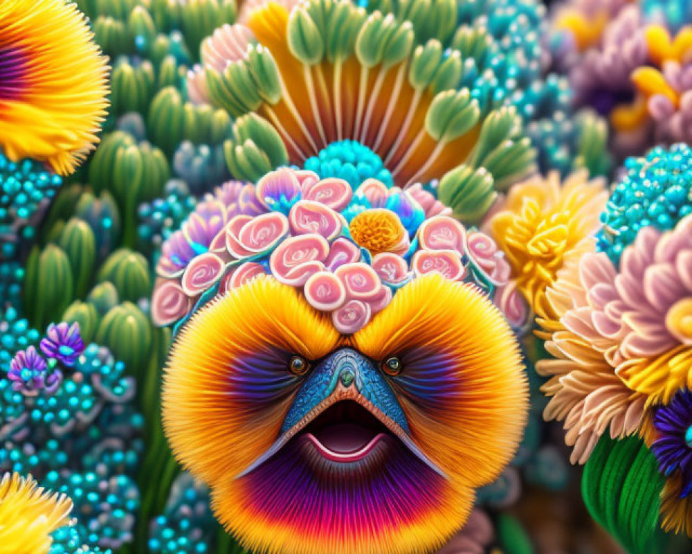 Colorful surreal landscape with floral creature in digital art