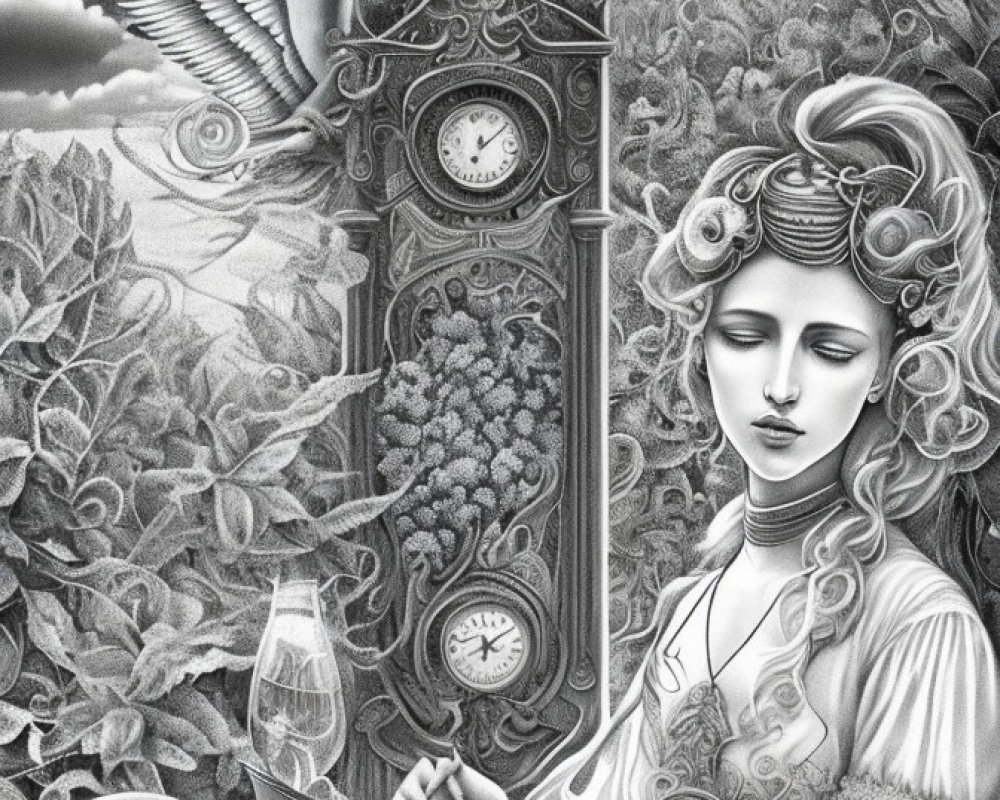 Monochrome artwork featuring woman with intricate hair, laptop, clock, grapevines, owl, and