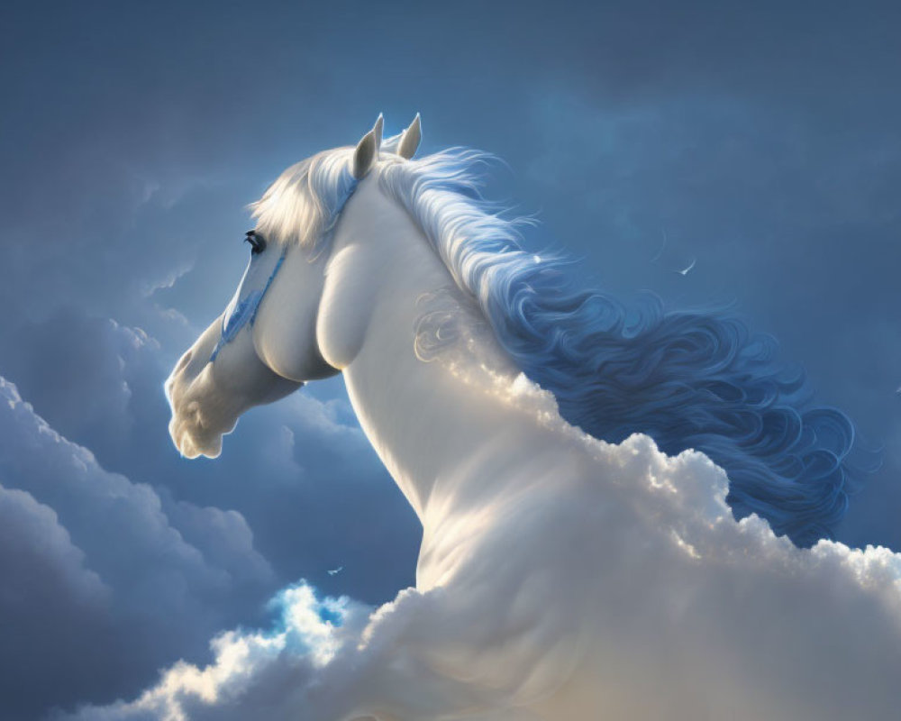 White Horse with Flowing Mane in Cloudy Sky