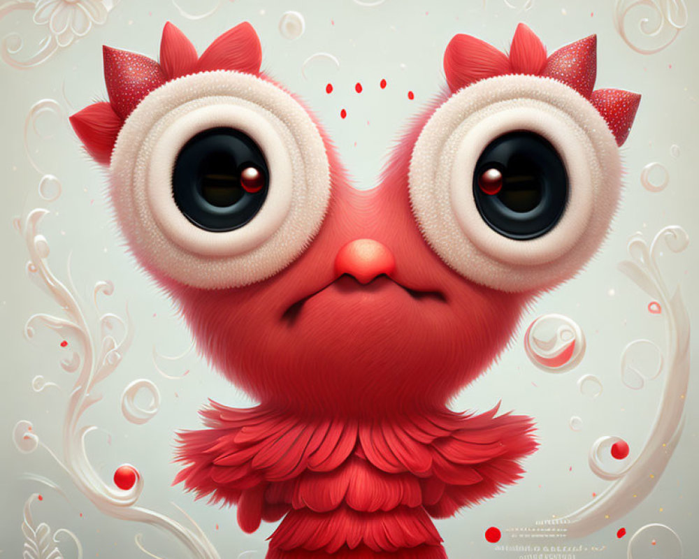 Adorable red fluffy creature with heart-shaped patterns in whimsical setting