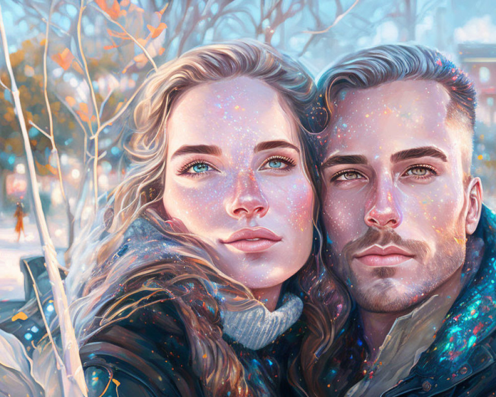 Couple Embraced in Winter Scene with Sparkling Skin