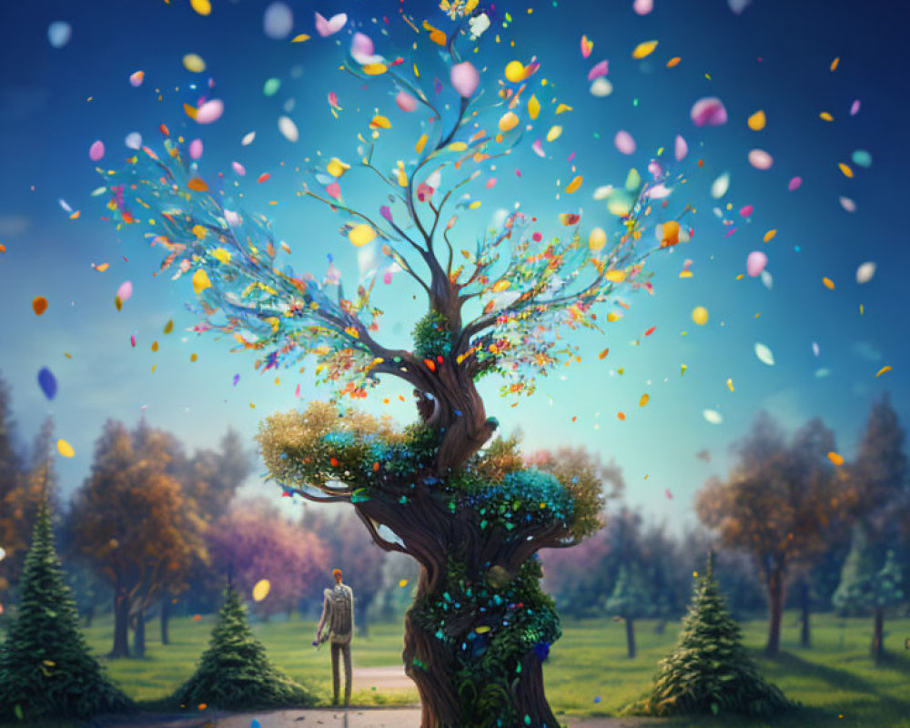 Vibrant confetti tree in serene park with solitary figure viewing scene