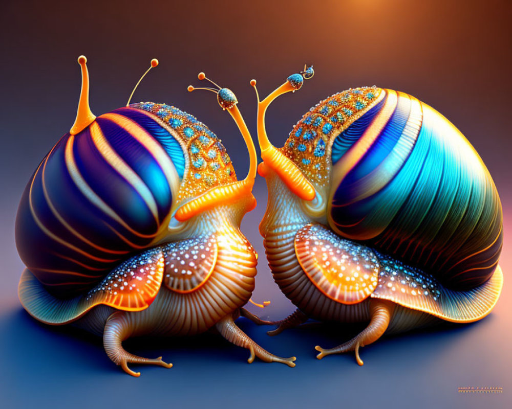 Colorful stylized snails with intricate patterns on gradient background