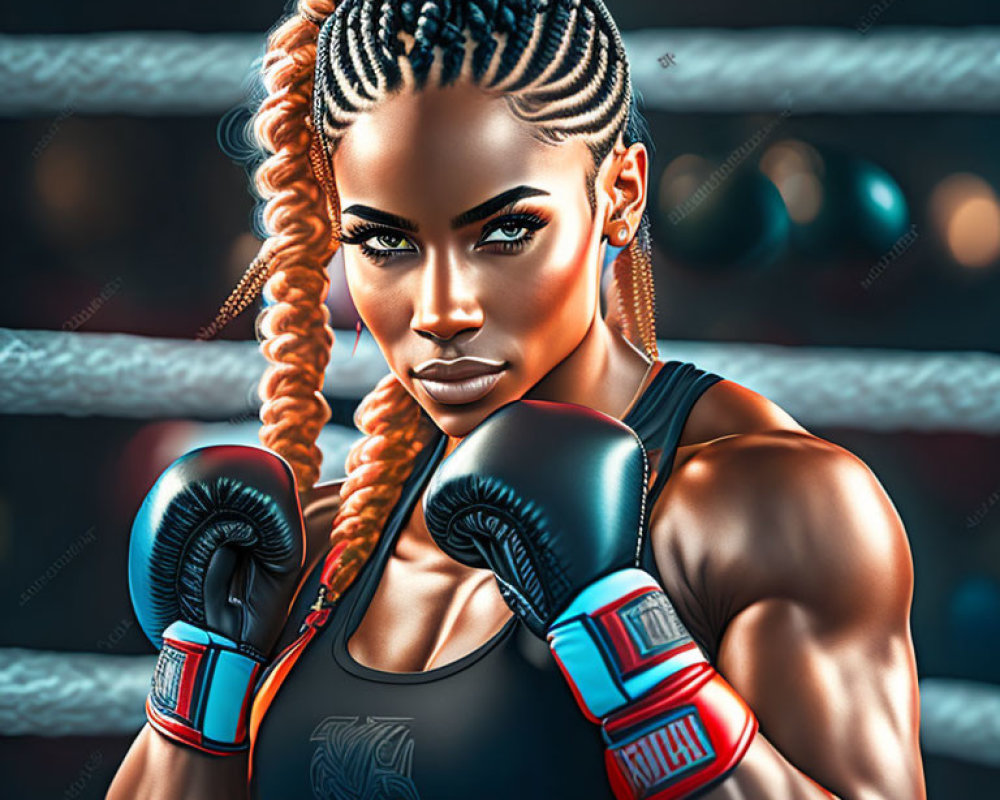 Female boxer with braided hair and blue gloves in boxing ring.
