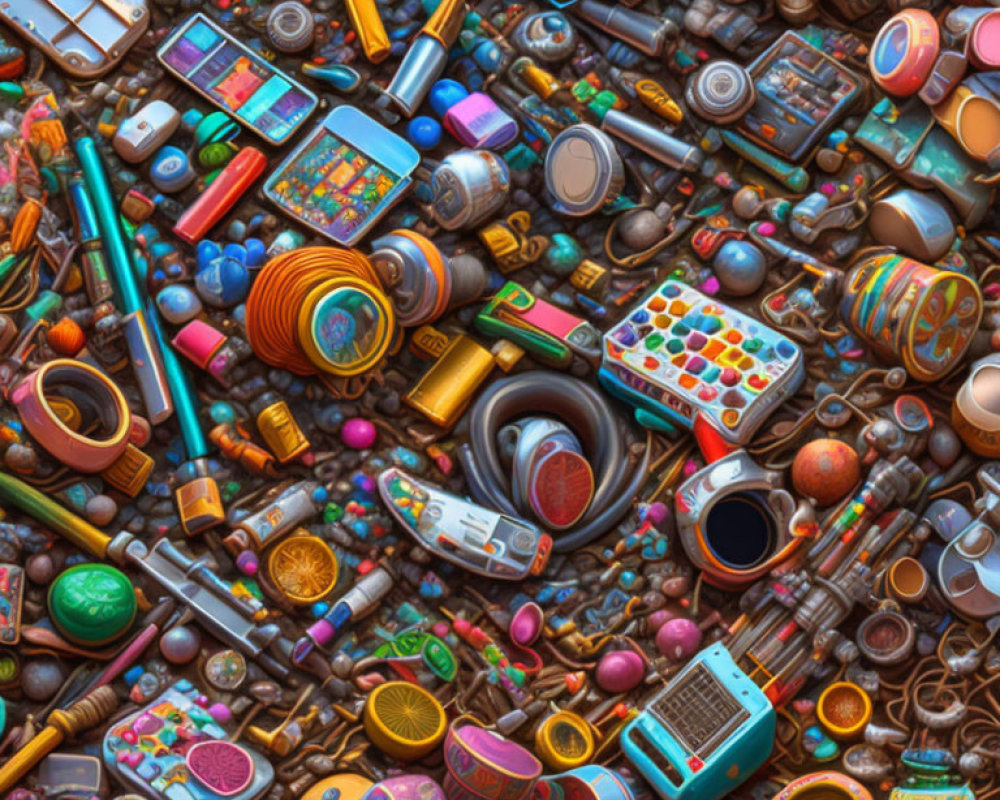 Assorted electronics, buttons, cables, and colorful items in a dense collection