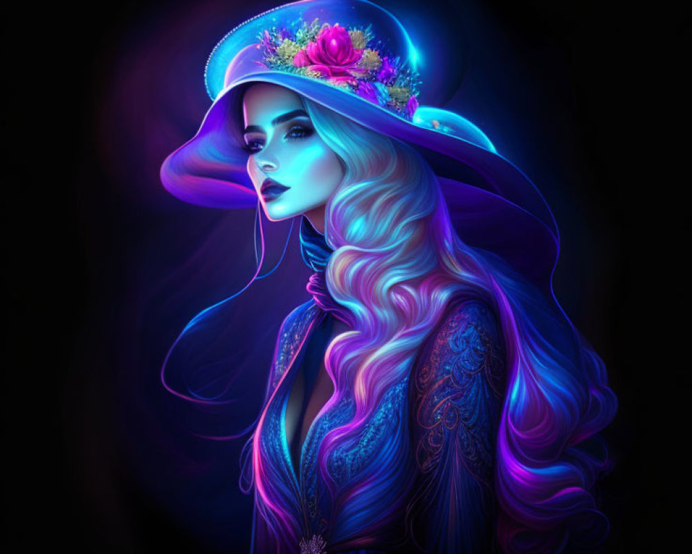 Digital artwork: Woman with flowing hair, neon glow, floral hat, detailed dress on dark background