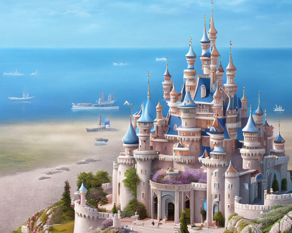 Castle with spires by serene beach and ships under clear sky