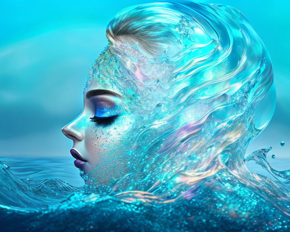 Blue-skinned woman with water hair in mystical underwater scene