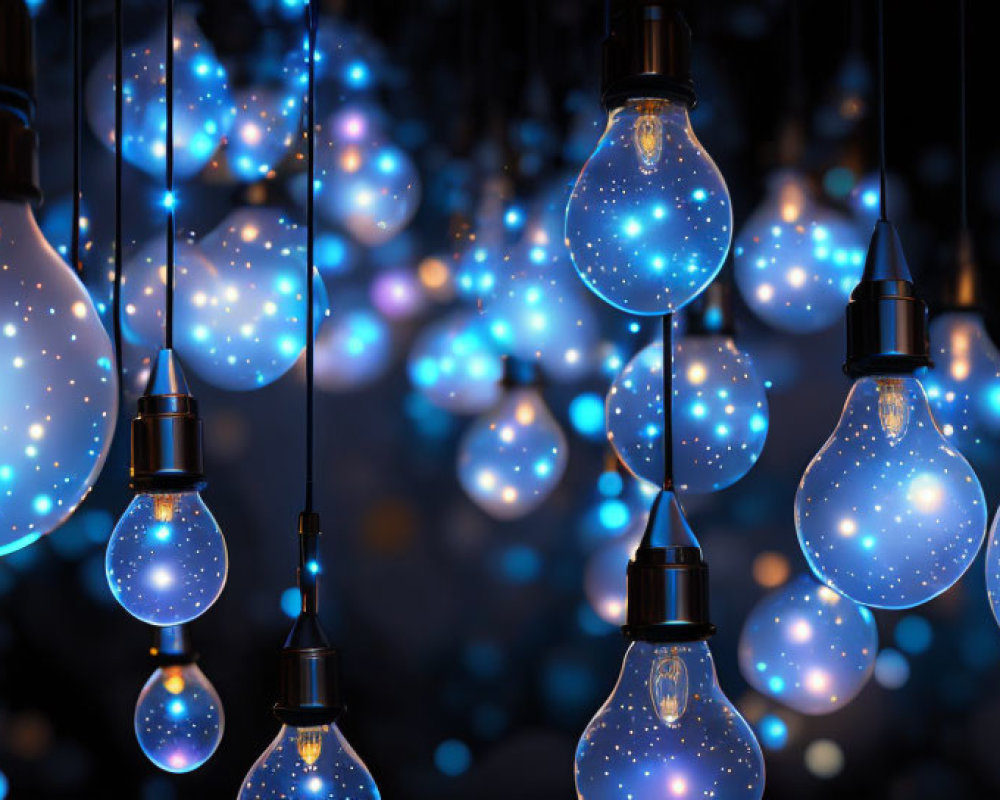 Cluster of Illuminated Light Bulbs with Cosmic Starry Pattern on Dark Background