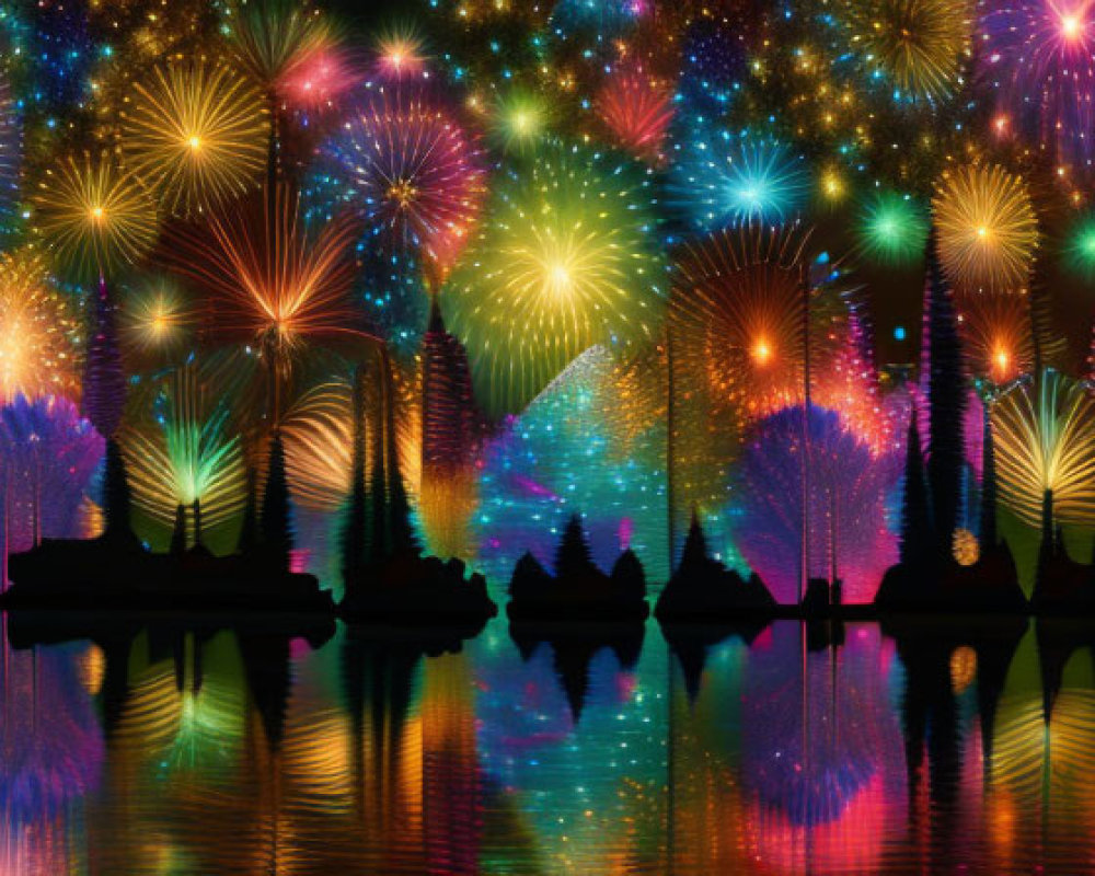 Colorful fireworks illuminate city skyline and water reflections