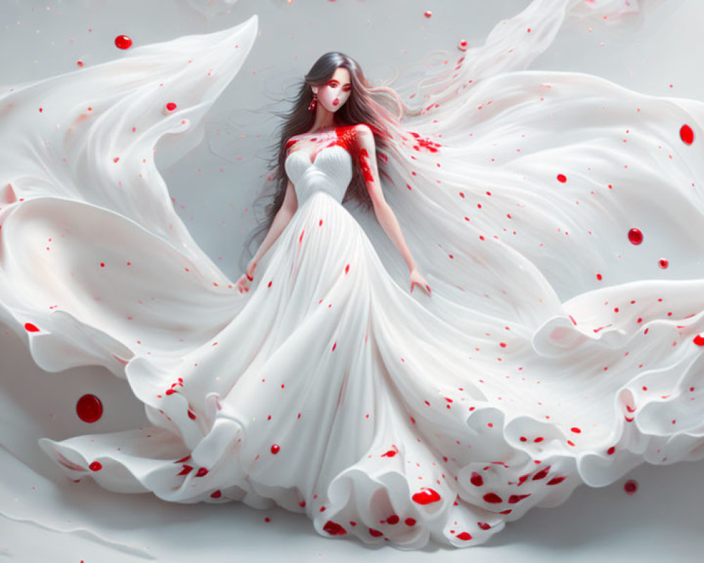 Woman in White Dress with Red Accents Surrounded by Swirling Fabric in Fantasy Setting