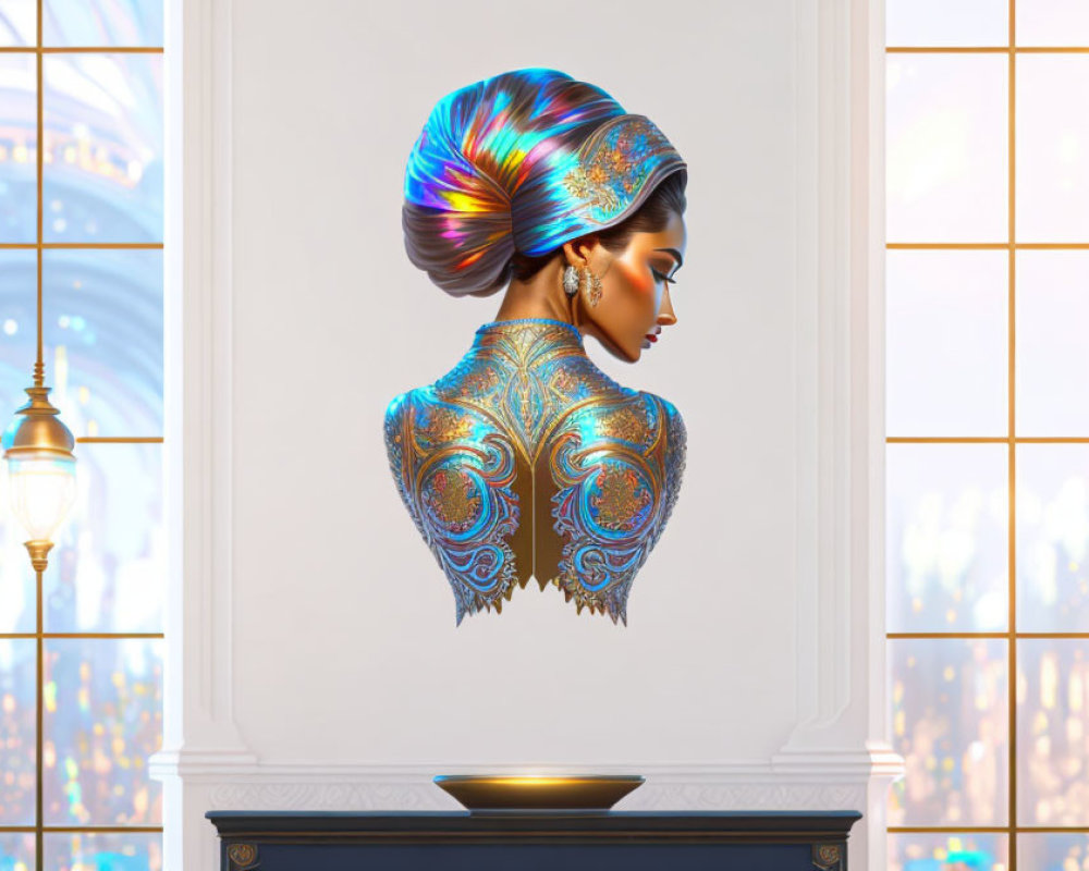 Profile of a woman in ornate attire against a cityscape backdrop