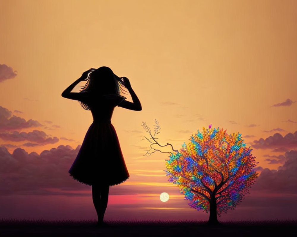 Colorful Tree Silhouette Next to Woman at Sunset