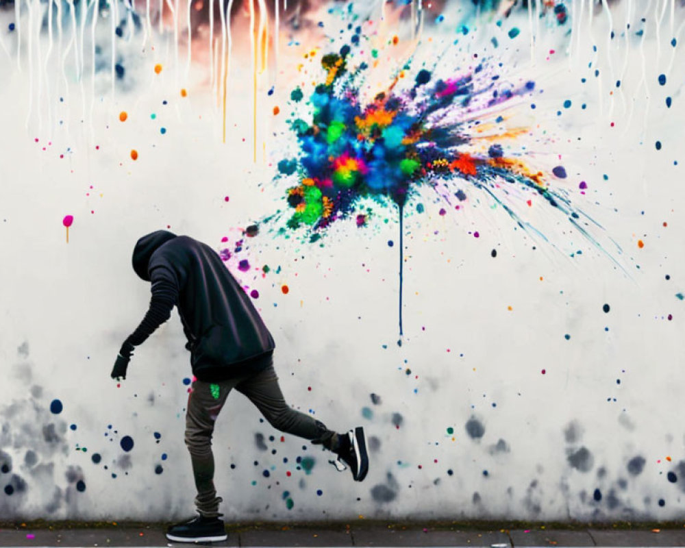 Hooded figure dabbing against colorful, paint-splattered wall