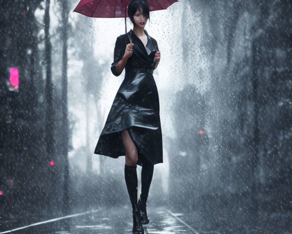 Person standing on rainy street with red umbrella and water droplets.