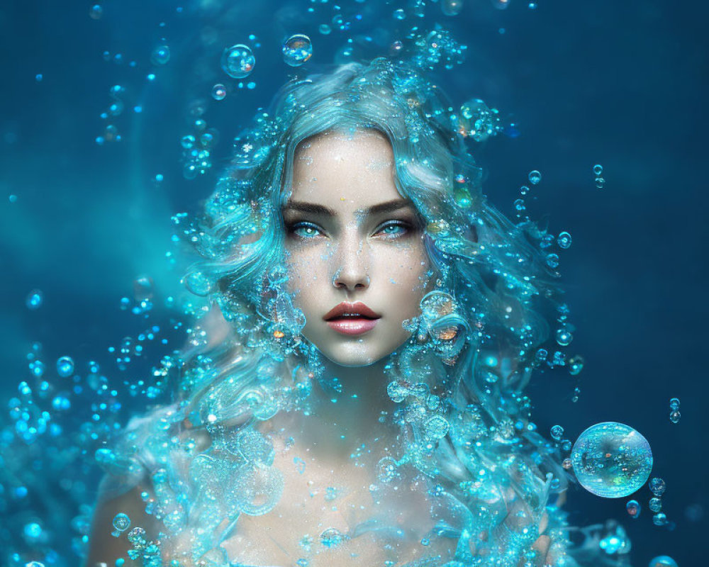 Portrait of Woman with Blue Hair and Translucent Bubbles in Ethereal Underwater Scene