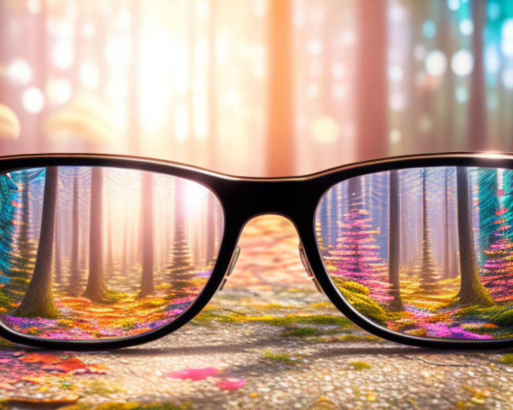 Sunglasses on Forest Floor Reflecting Vibrant Trees