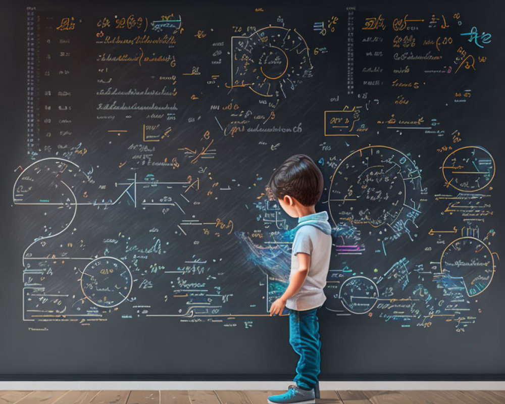 Young child with backpack in front of complex math equations and diagrams