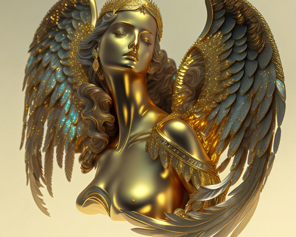 Golden angelic figure with wings and crown in shiny armor - 3D illustration