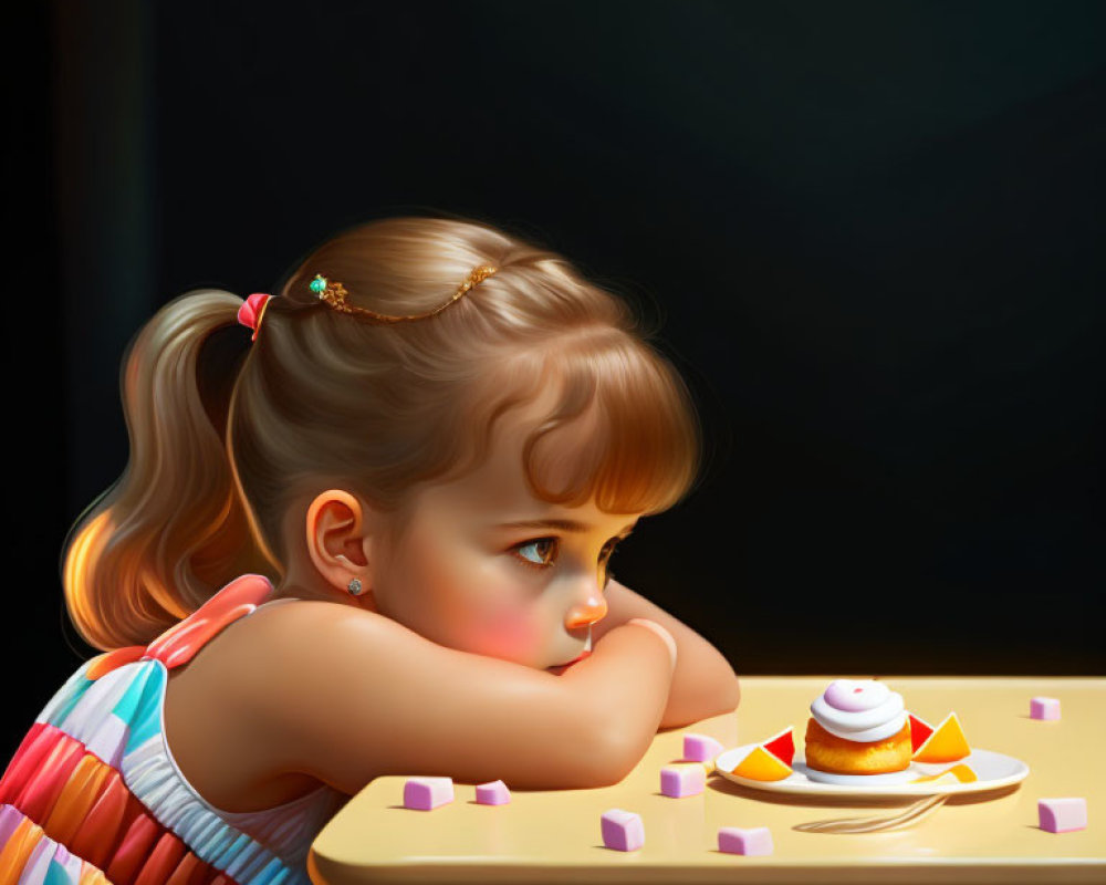 Young girl with ponytail gazes at cupcake in dim lighting