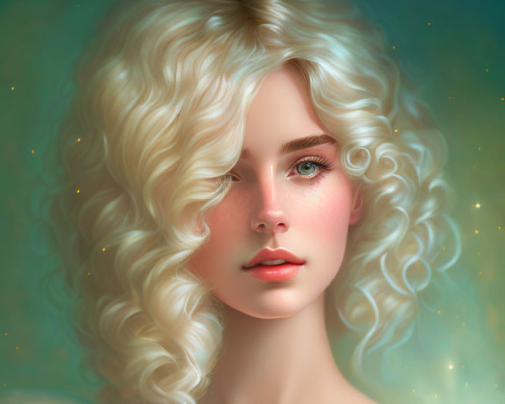 Blonde woman with curly hair and green eyes on celestial backdrop