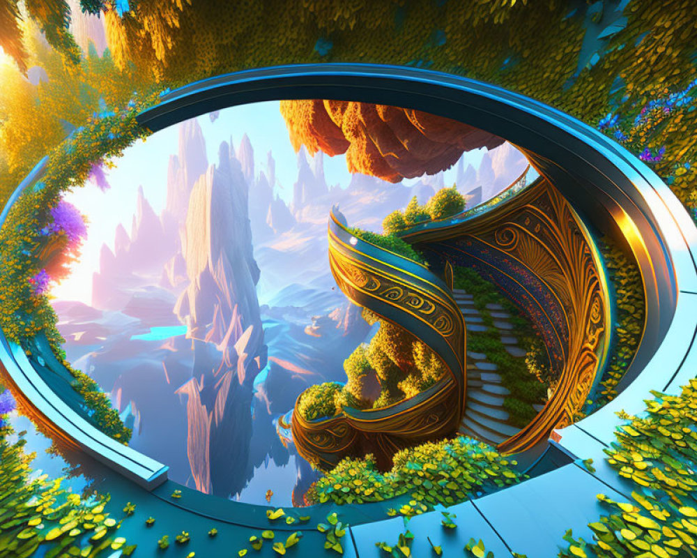 Surreal landscape with circular portal, fantastical rock formations, lush foliage