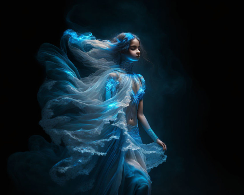 Ethereal Woman in Flowing Blue Dress Surrounded by Misty Aura