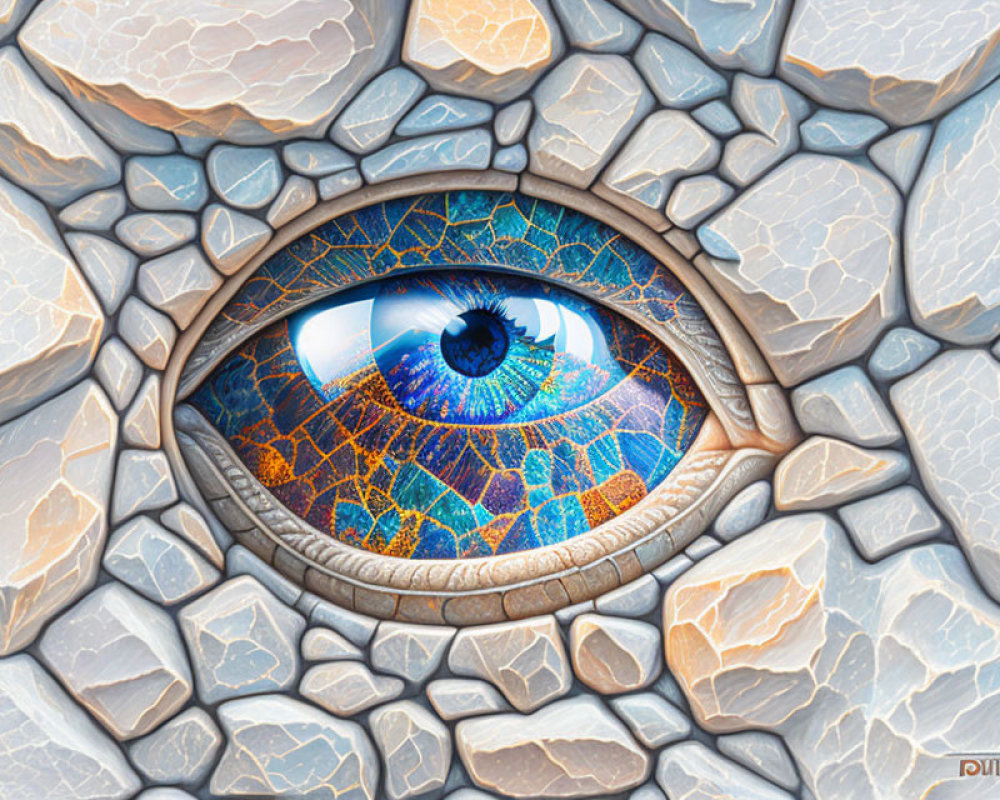 Colorful digital artwork: Eye with cracked earth patterns on blue sky