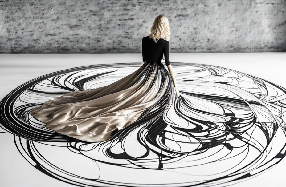 Woman in black top and elaborate skirt blending into intricate floor design