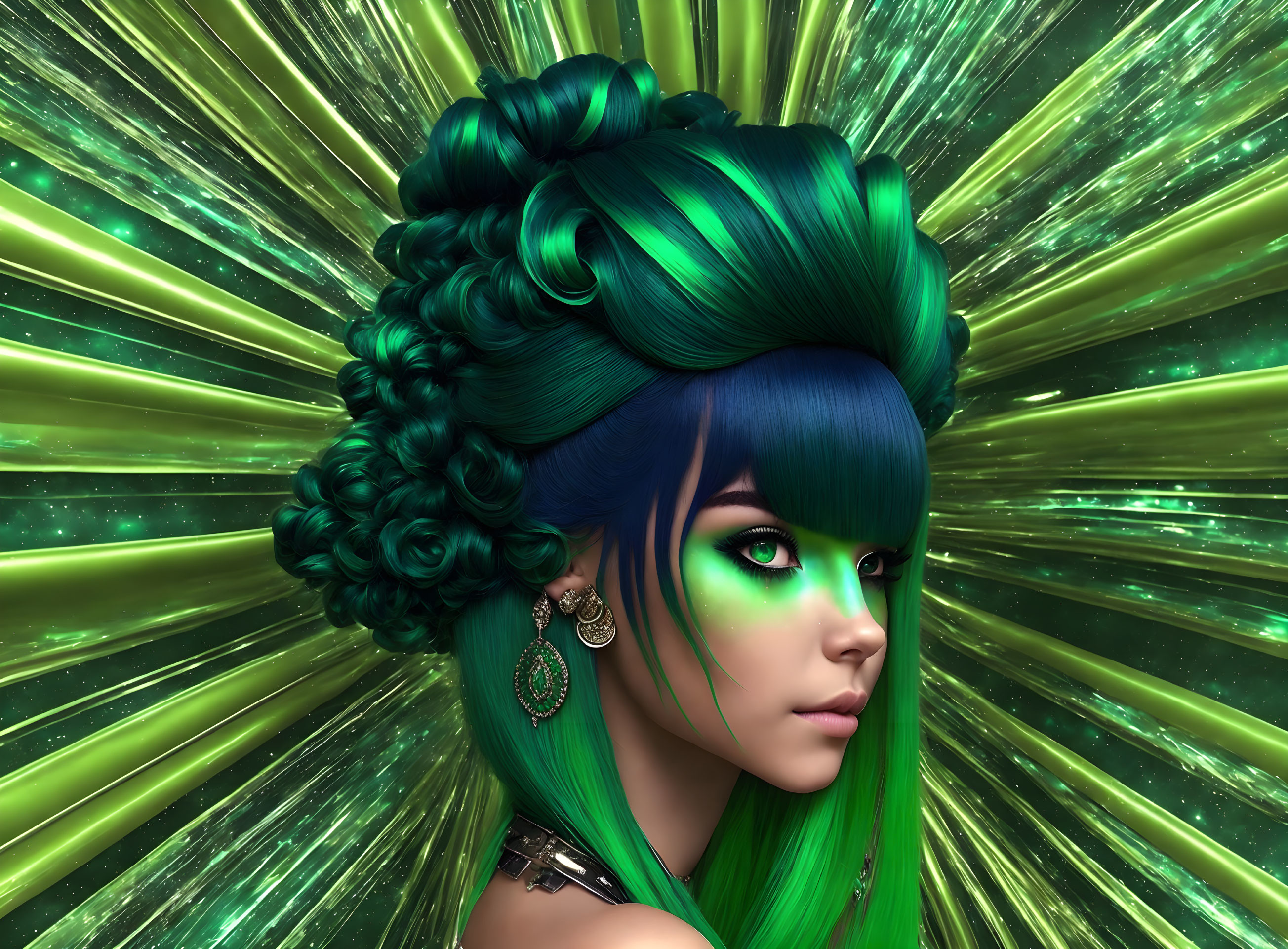 Vibrant green hair and eyes in digital portrait against emerald backdrop