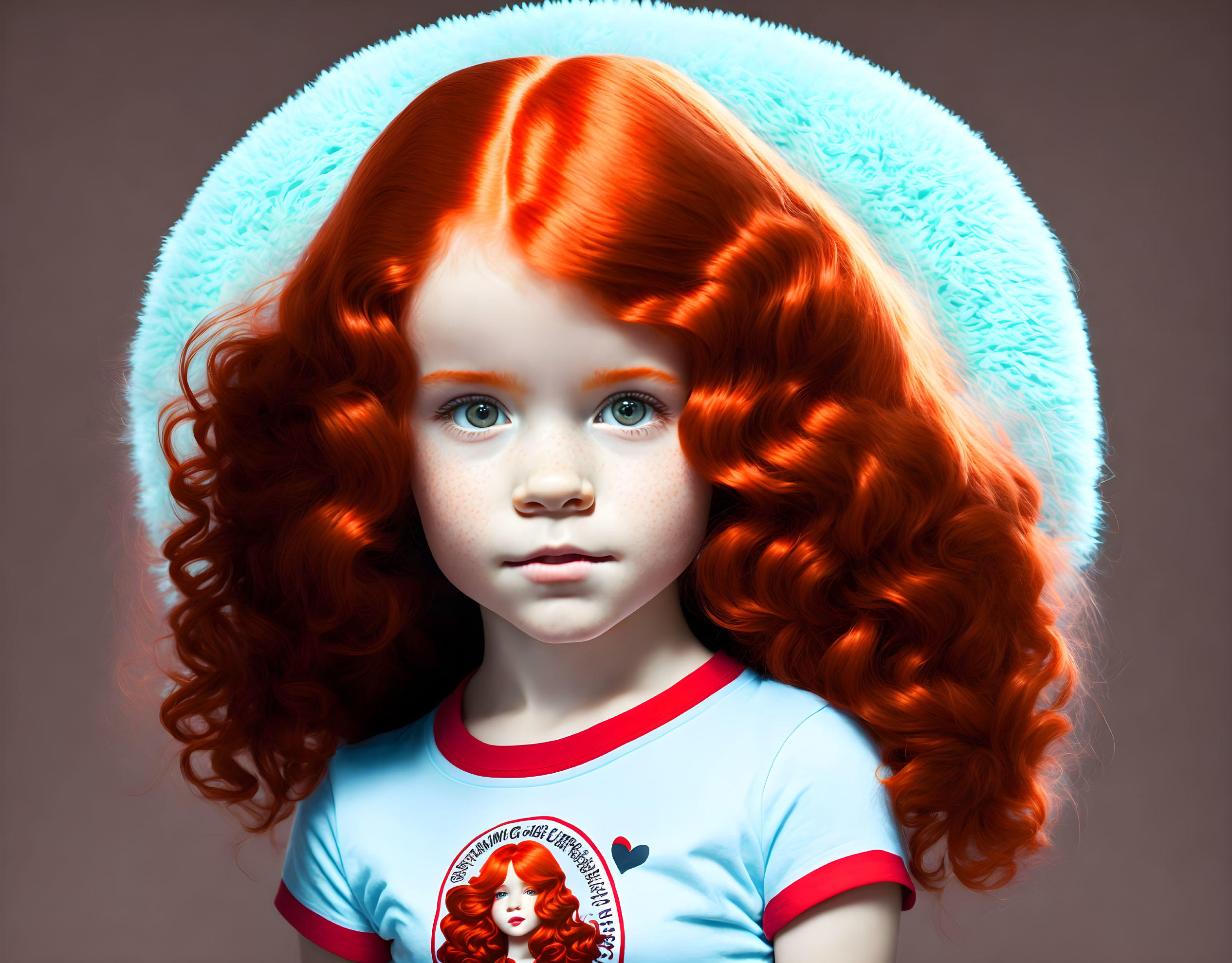 Young girl digital art portrait with red curly hair and blue eyes