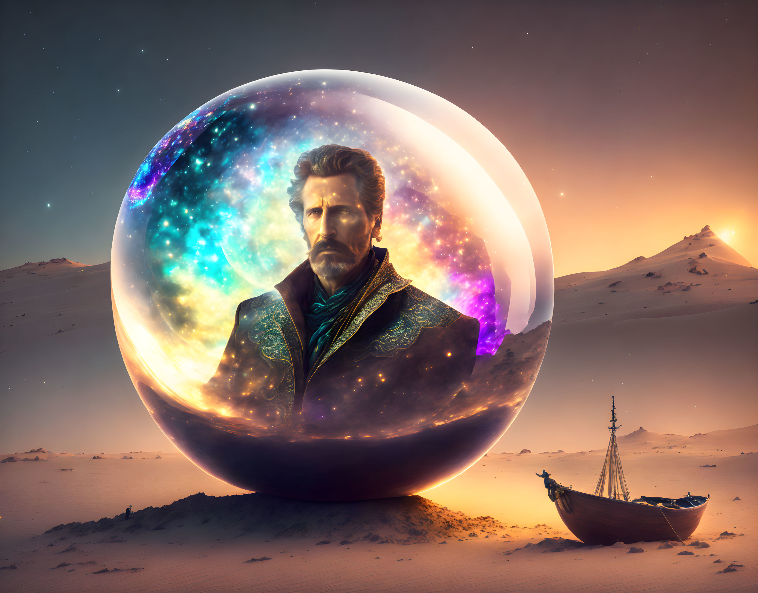 Bearded man in coat inside cosmic bubble on desert landscape with mountains and old boat