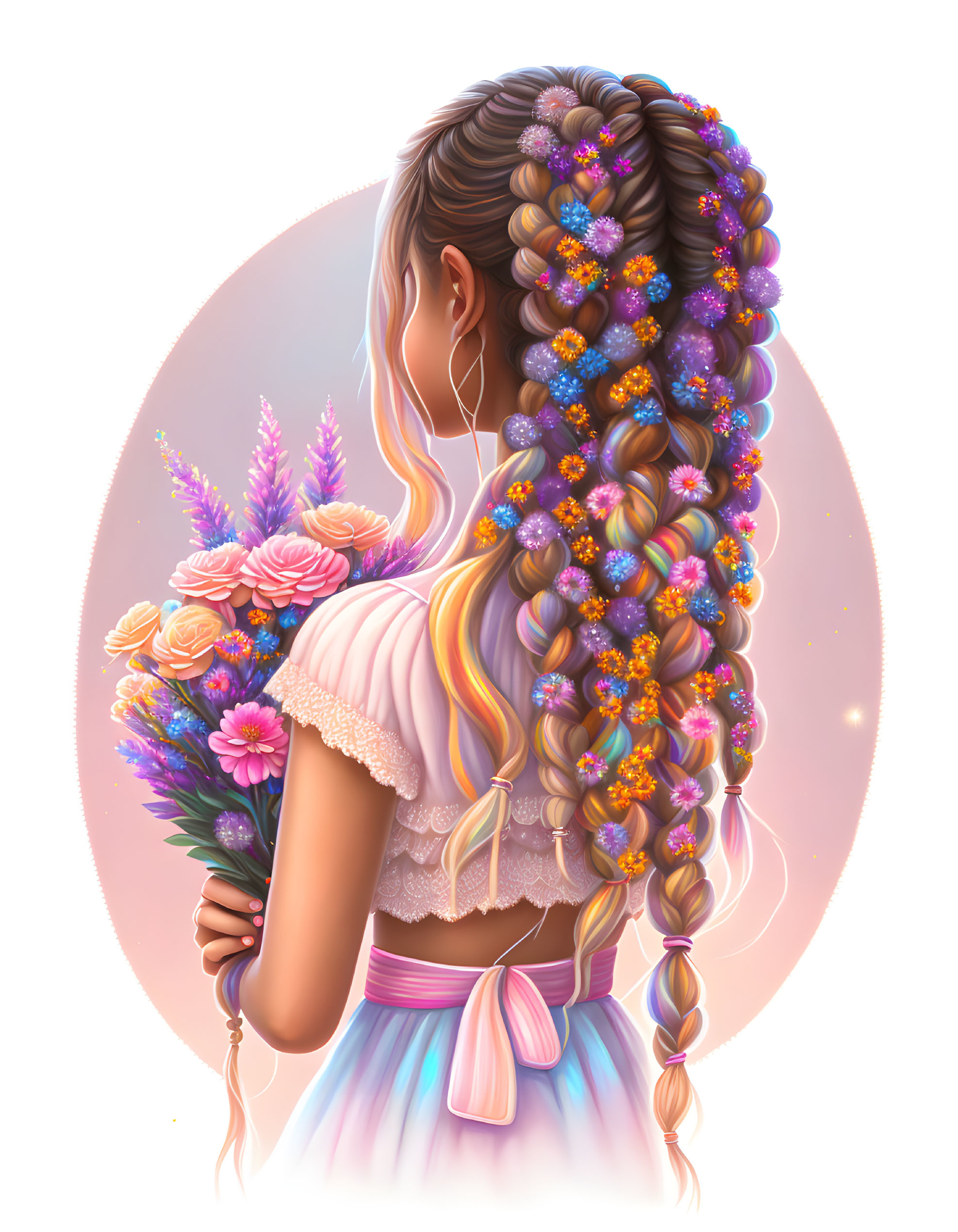 Woman with Elaborate Braided Hair and Flower Bouquet in Soft Glow