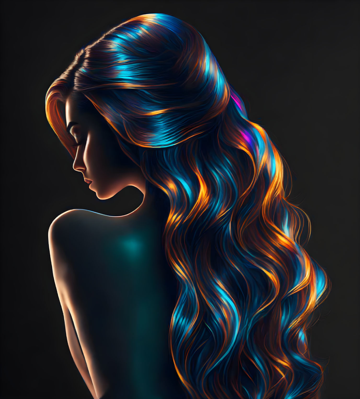 Luminous Blue and Orange Wavy Hair on Woman's Shoulder