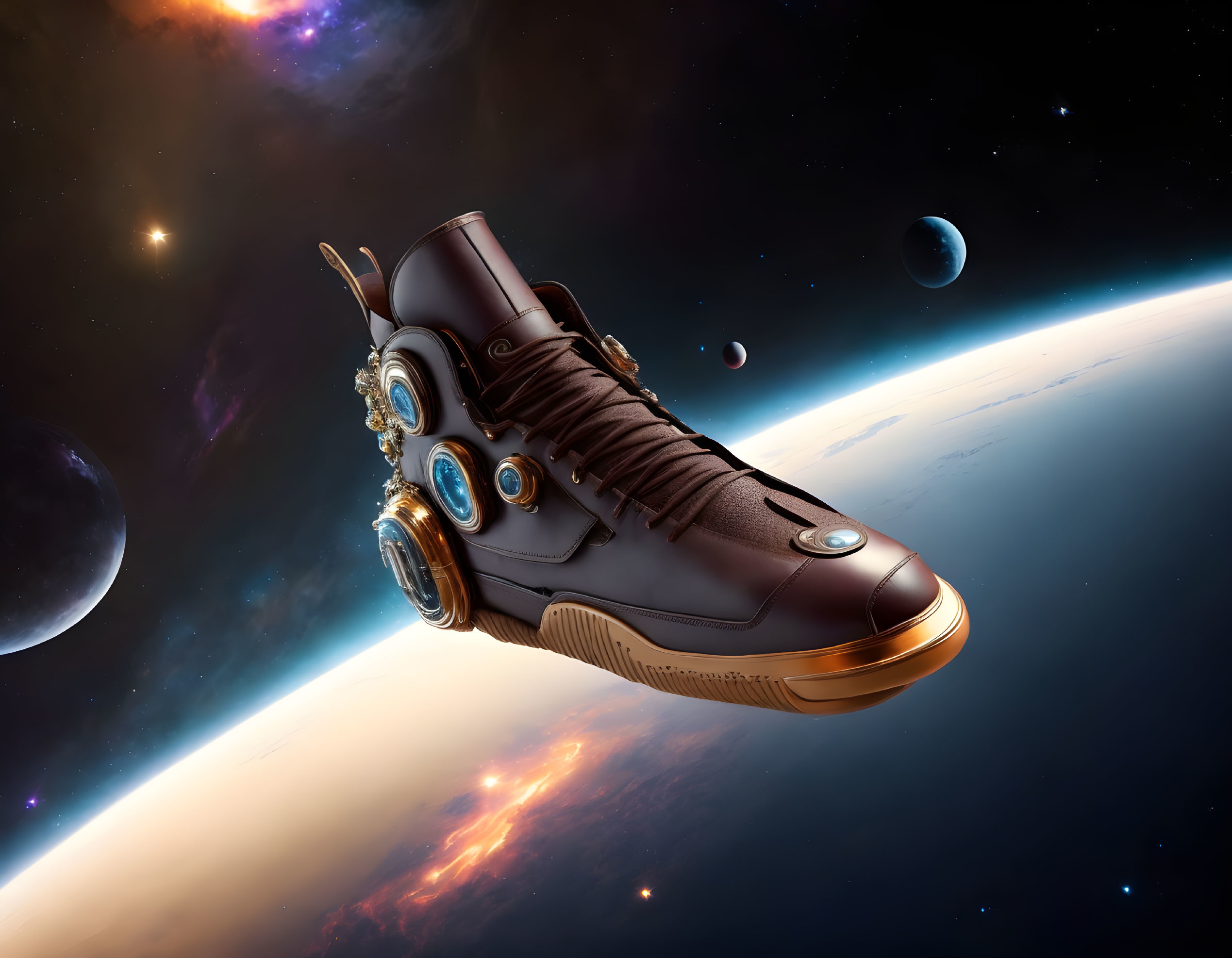 Mechanical futuristic shoe with jet propulsion floating in space